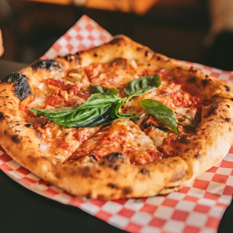 A freshly baked pizza with melted cheese, tomato sauce, and basil on red and white checkered paper.